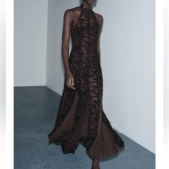 NWT Zara Elegant Brown Sequin Halter Dress - Picture 3 of 10